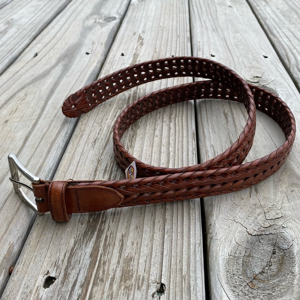 Fossil Woven Leather Belt Silver Brass Buckle